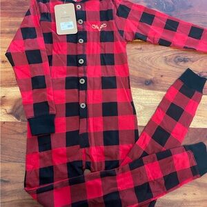 Kids organic cotton Red and Black Buffalo Plaid Button-Up Pajama romper
